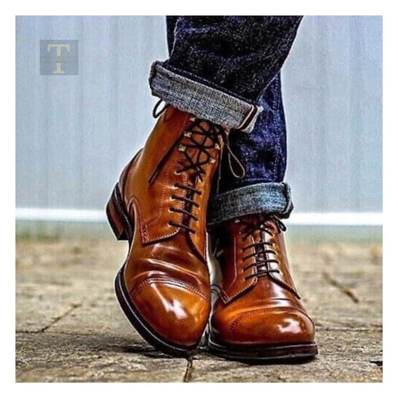 New Handmade Goodyear Welted Tan Leather Boots, Men's Ankle Derby Boot