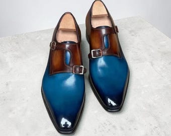 Zapatos de cuero italiano con pátina, hechos a mano, con doble hebilla, zapatos de vestir a medida.