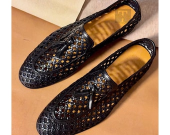 Handmade Black Woven Leather Slip on Dress Shoes for Summer Collection