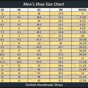 May include: A shoe size chart titled Men's Shoe Size Chart with columns for US, UK, EU, CM, and INCHES. The table displays numerical size conversions ranging from US size 5 to 16, with corresponding values for each region and measurement system.