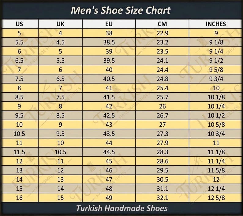 May include: A shoe size chart titled Men's Shoe Size Chart with columns for US, UK, EU, CM, and INCHES. The table displays numerical size conversions ranging from US size 5 to 16, with corresponding values for each region and measurement system.