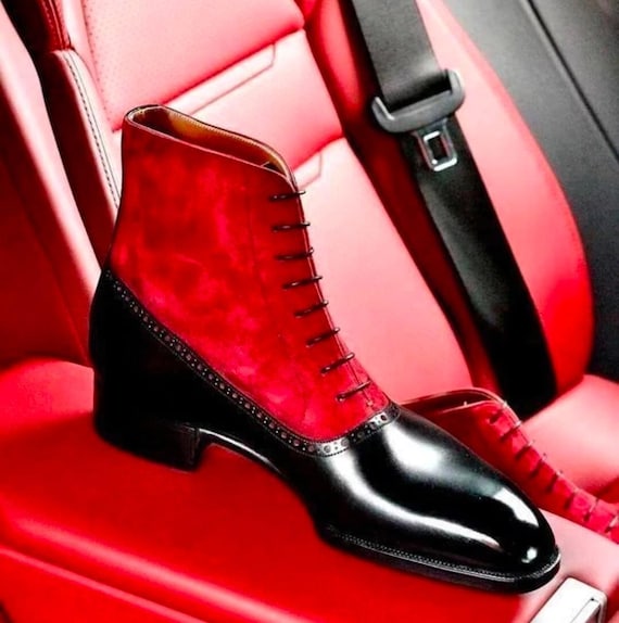 modern dress boots Handmade Black Calf Leather Red Suede Ankle Boots, Modern Oxford Dress Boot