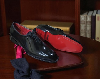 Handgemaakte Italiaanse zwarte leren Oxford rode onderkant | Luxe geklede schoenen | Op maat gemaakte smokingschoen