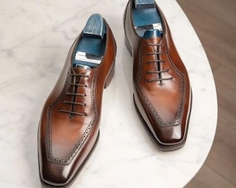 Handcrafted Men's Brown Leather Oxford Lace Up Brogue Formal Wear Shoes