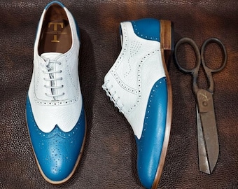 Chaussures de spectateur en cuir grainé faites main sur mesure, chaussures Oxford classiques à bout golf