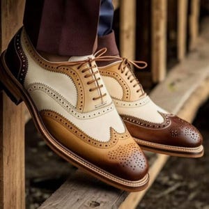 Custom Handmade Three-Tone Leather Wingtip Brogue Dress Shoes