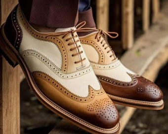 Op maat gemaakte driekleurige leren brogue-schoenen met vleugeltip