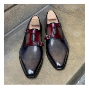Luxury Handmade Men's Red & Gray Patina Leather Double Monk Strap Dress Shoes