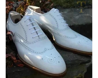 Handmade white Leather Oxford Shoes: Brogue wingtip Wedding Dress Shoe