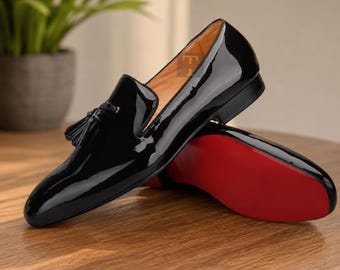 Handmade Black Patent Leather Tassels Moccasin Red Botom Shoes