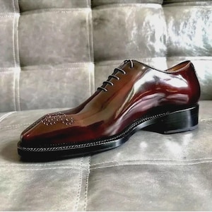 Zapatos Oxford de piel burdeos para hombre, hechos a mano a medida, zapatos de vestir formales