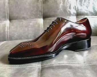 Op maat gemaakte bordeauxrode leren oxfordschoenen voor heren, formele schoenen