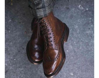 New Handmade Wingtip Brown Leather Ankle Derby Boots, Office wear Boot For Men