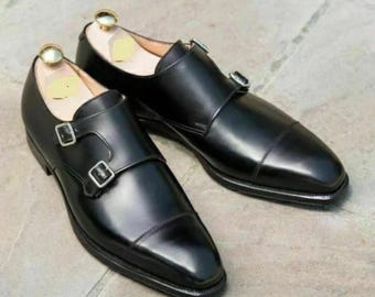 Neue maßgefertigte Herrenschuhe, Doppelmonk, schwarzes Leder, elegante und formelle Schuhe