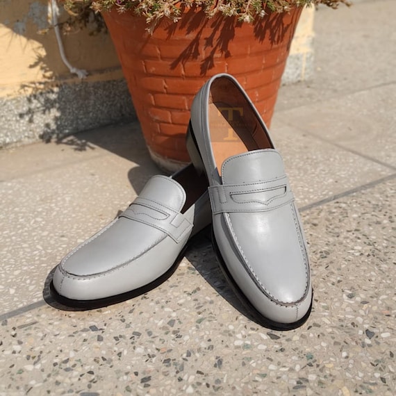 Tailor Made Goodyear Welted Gray Leather Mocasian Shoes, Slip on Loafer Shoe