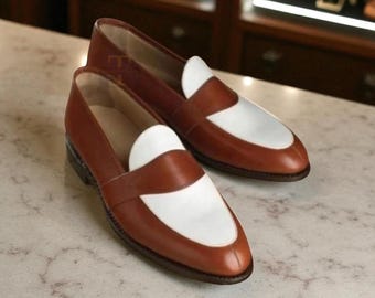 Handmade Two-Tone Leather Shoes – Brown & White Classic Slip on Spectator Shoes