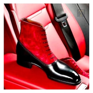 Handmade Black Calf Leather Red Suede Ankle Boots, Modern Oxford Dress Boot