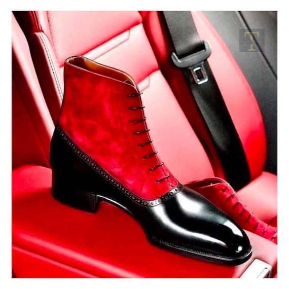 red dress black ankle boots Love this outfit!!! black leather motorcycle jacket + red dress + black opaque tights + black ankle boots