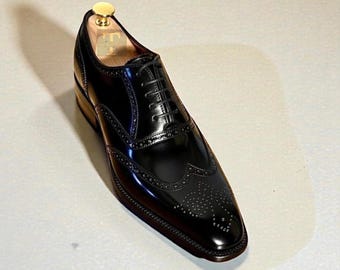 Handcrafted Black Calf Leather Wingtip Shoes, Oxford Brogue Shoe for men's
