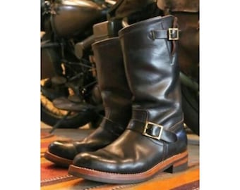 Bespoke Men's Black Leather Double Monk StrapBoot, Vintage Engineer Motorcycle Boots