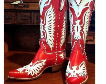 Custom Handmade Two Tone Leather Cowboy Boots, Western Eagle Inlay Tall Riding Boots