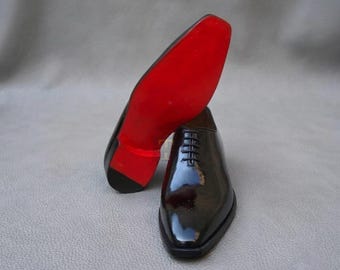 Italian Red Bottom Black Calf Leather Oxfords Brogue Design Shoes, Wedding Shoes