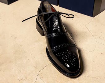 Handmade Men's oxfords black Calf leather dress shoes, Toe Cap Brogue Shoe