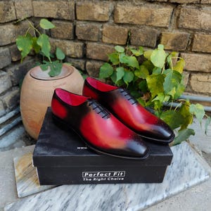 Handmade Two Tone Leather Oxford Shoes - Red and Black