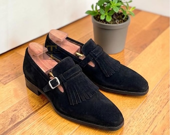 Scarpe Oxford di lusso in camoscio nero con fibbia, ideali come regalo o per matrimoni da uomo.