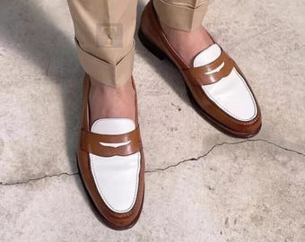 Handmade Two Tone Leather Moccasin Slip on Loafers Formal Dress Shoes For Men