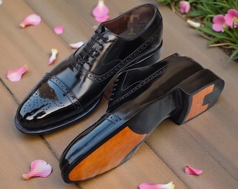 Handmade Black Calf Leather Shoes, Goodyear Welted Toe Cap Casuals Brogue Shoe
