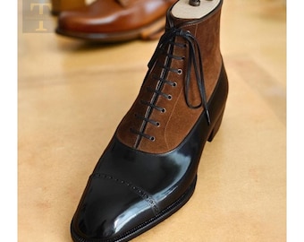 Men's Handmade black Leather brown Suede Ankle boots, Toe Cap Brogue new boot