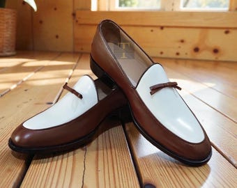 Luxury Brown and White Leather Loafer Shoes – Handmade Slip-On Moccasin Shoes for Modern Elegance