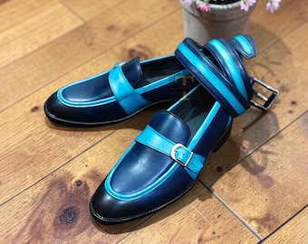 Zapatos Monk Strap de piel bicolor, calzado artesanal a medida con construcción Goodyear Welted.