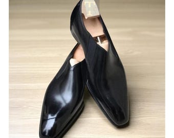 Męskie ręcznie robione czarne skórzane buty typu loafer w nowym stylu, ślubne