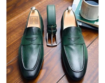 Mocasines de cuero flor hechos a mano, sin cordones, para hombre.