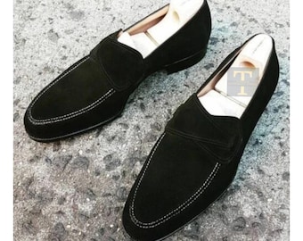 Handmade black suede white stitched Loafers shoes, Bespoke Mens Shoes