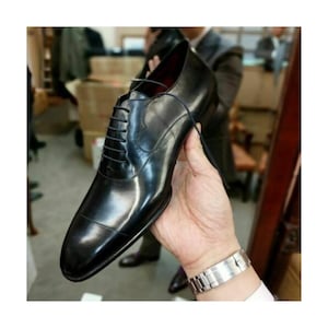 Handmade Black Calf Leather Shoes: Goodyear Welted Toe Cap Casuals