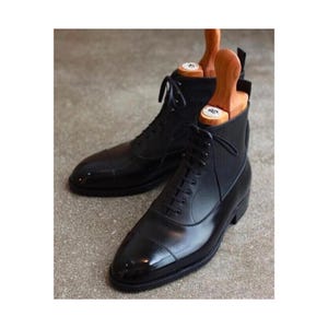 Handmade Black Leather Toe Cap Ankle Boots, Dress and Formal Boot For Men