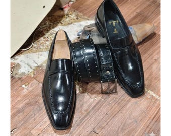 Włoskie, ręcznie robione, czarne, skórzane, wsuwane buty wizytowe, mokasyny