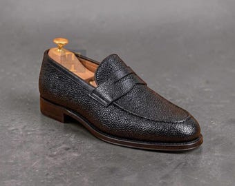 Buy Handmade Black Grain Leather Loafers Shoes, Custom Design moccasin shoes