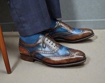 Handmade Brown & Blue Shaded Leather Wingtip Dress Shoes, Brogue Classic Oxford Footwear