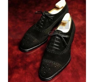 Handmade Men Black real Suede Brogue Dress Shoes, Office Formal Shoes