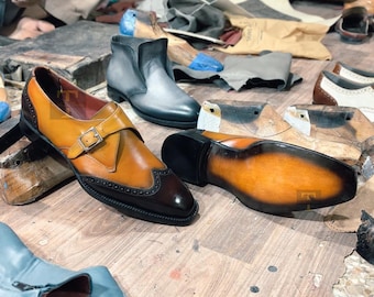 Tailor Handmade Men's Two Tone Patina Leather Oxford Wingtip Shoes, Monk Strap shoe