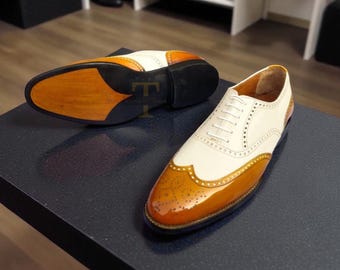 Handmade Two Tone Spectator Leather Wingtip Shoes, Goodyear Welted Oxford Shoe