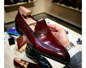 Handmade Burgundy Leather Slip on Men's Moccasin Shoes