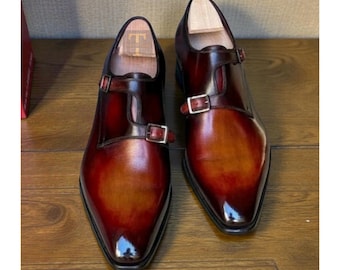 Zapatos de vestir de doble hebilla de cuero patinado marrón para hombre, hechos a mano y a medida