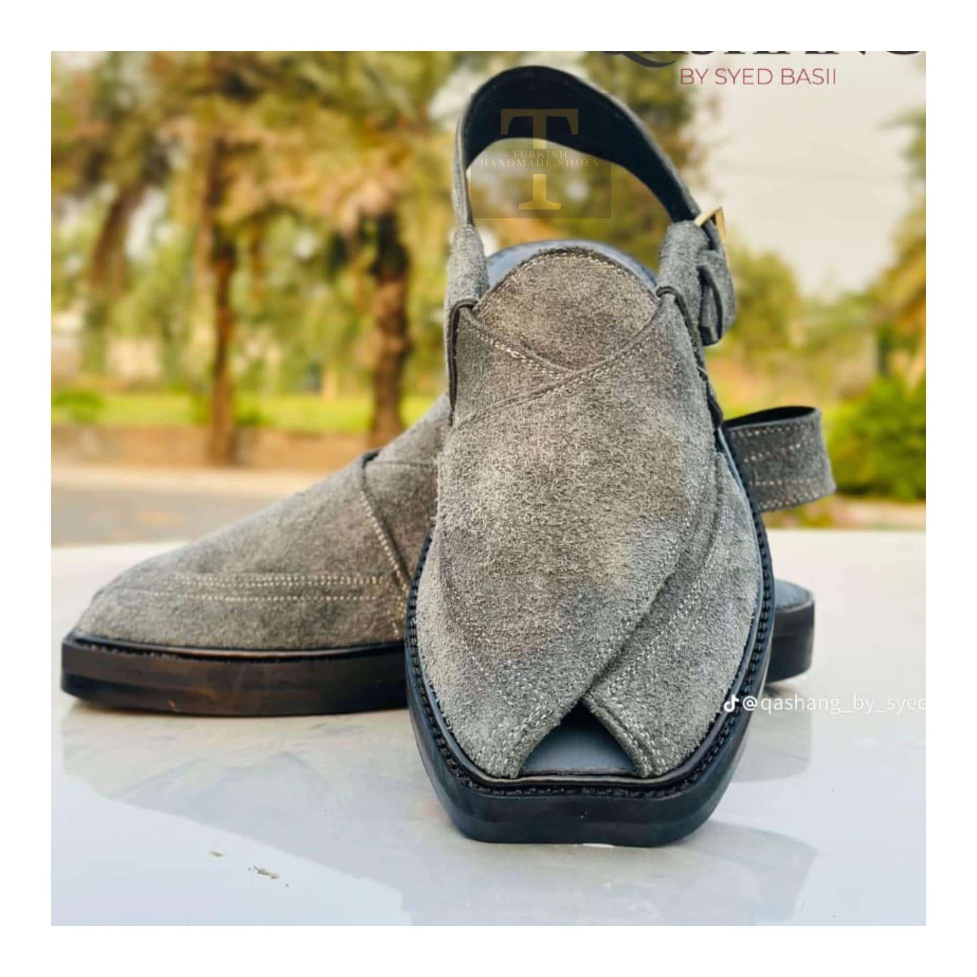 Grey Leather Kaptaan Chappal, Grey Suede Sandals For Gents, Handmade Premium Handmade Gray Suede Peshawari Chappal – Men main image 2