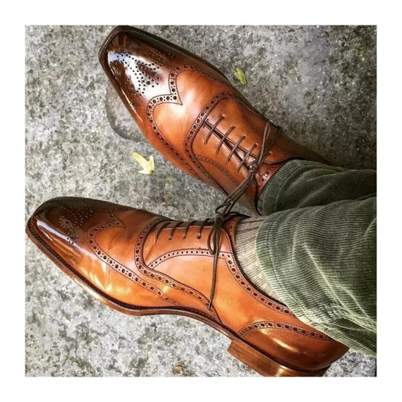 Men's Hand-Burnished Tan Leather Oxford Wingtips - Artisan Brogue Lace-Up Dress Shoes