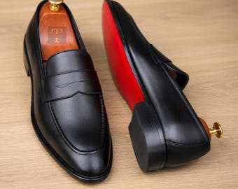 Chris Loub Style Men’s Black Leather Penny Shoes, Handmade Luxury Red Sole Shoe